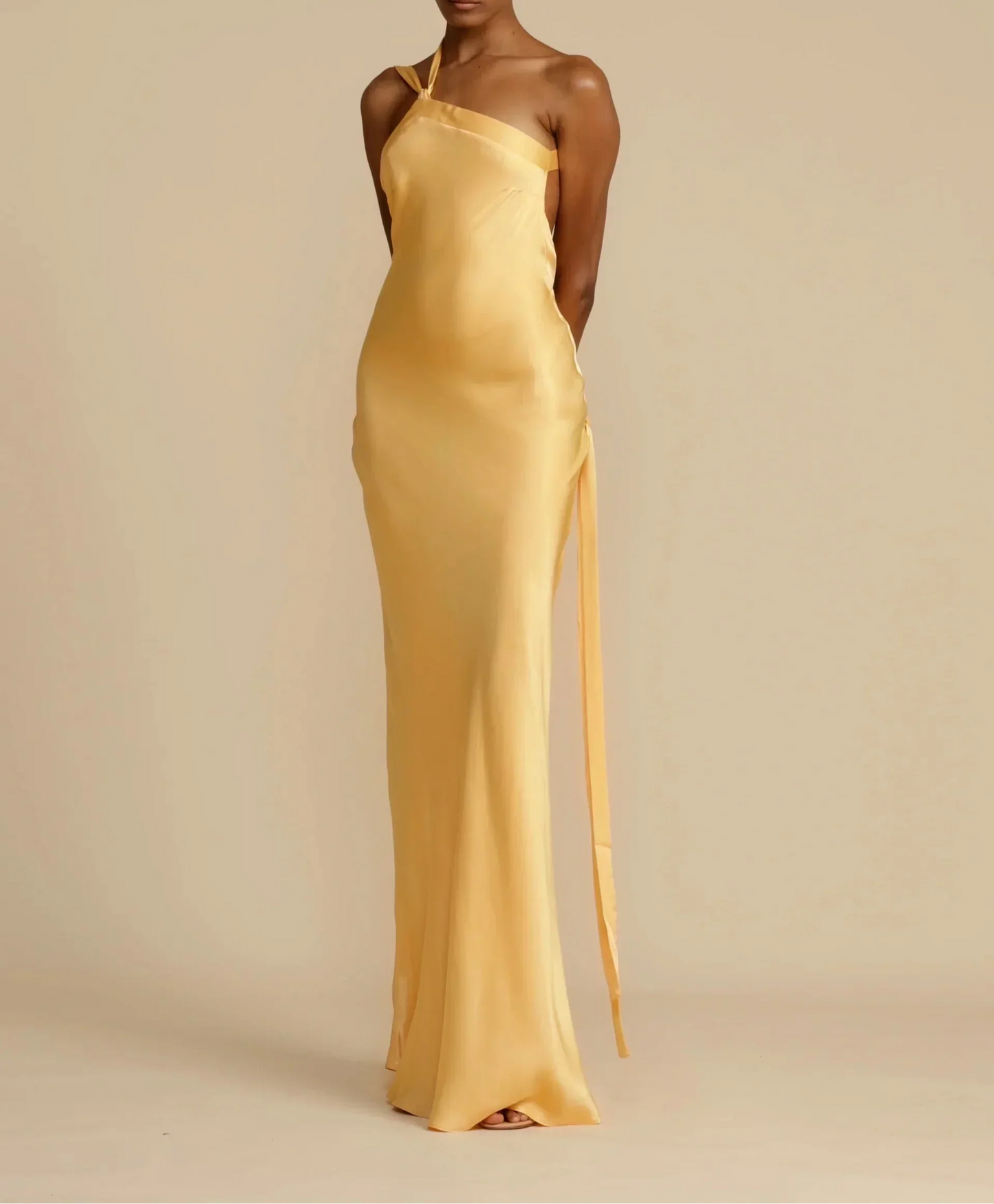 Long satin dress with asymmetric one-shoulder design and open back