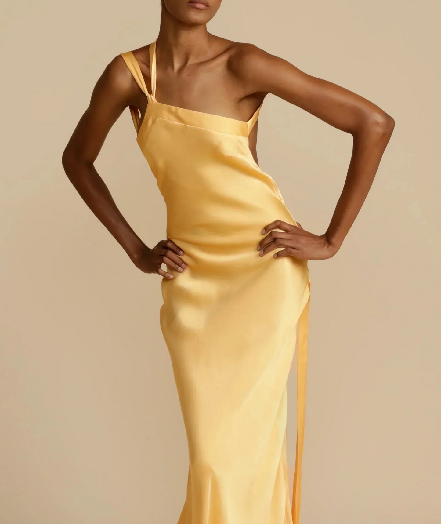 Long satin dress with asymmetric one-shoulder design and open back