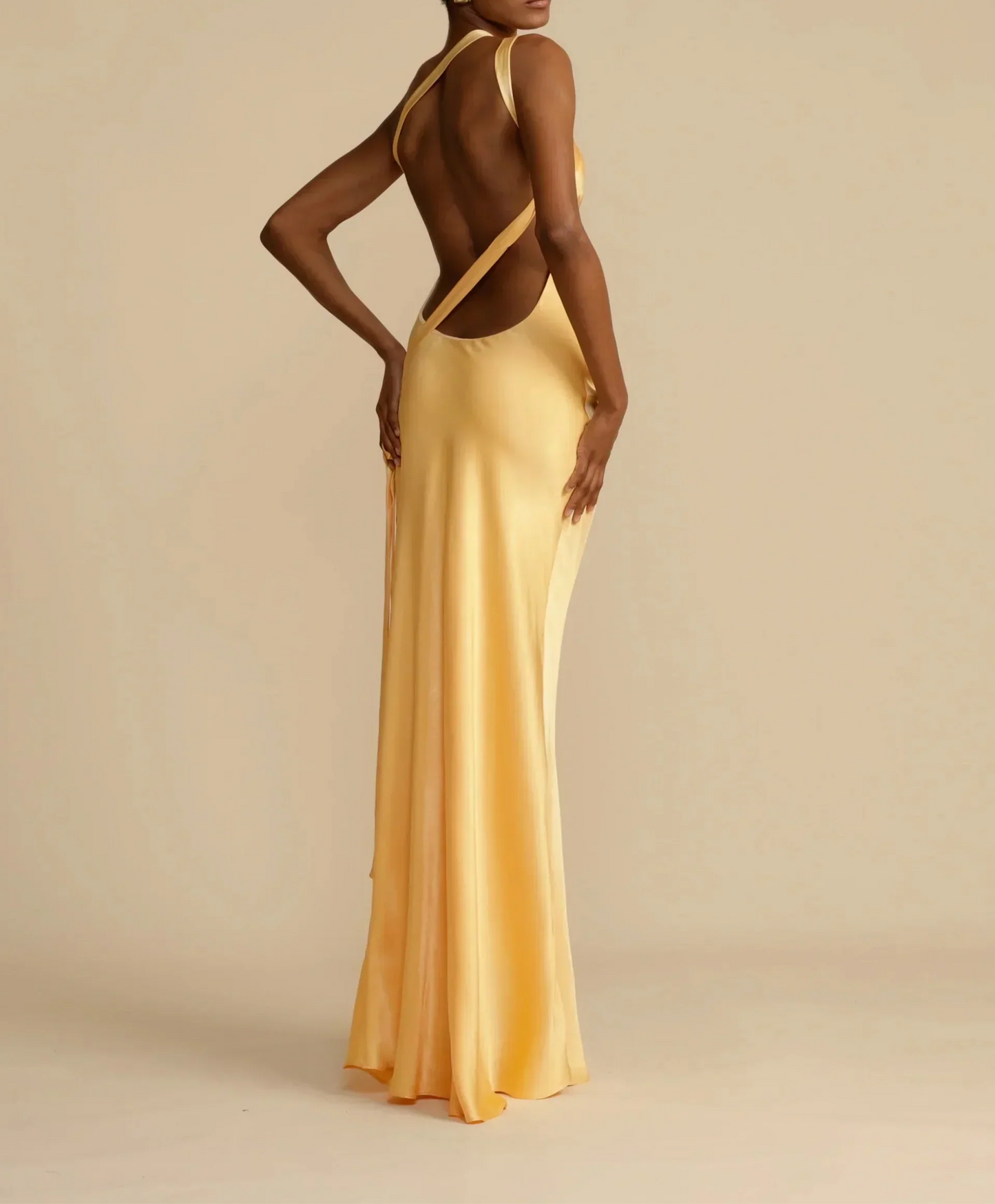 Long satin dress with asymmetric one-shoulder design and open back