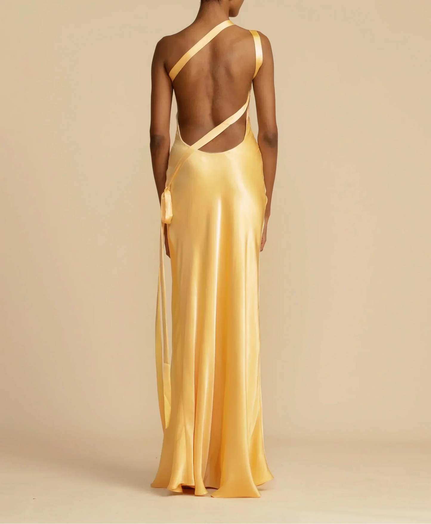 Long satin dress with asymmetric one-shoulder design and open back