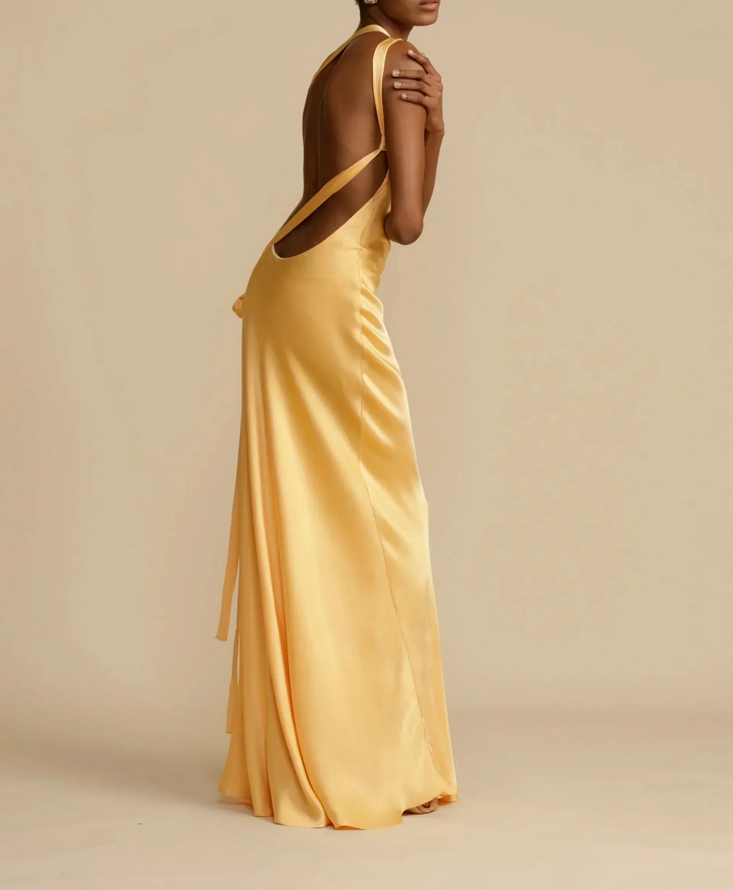 Long satin dress with asymmetric one-shoulder design and open back