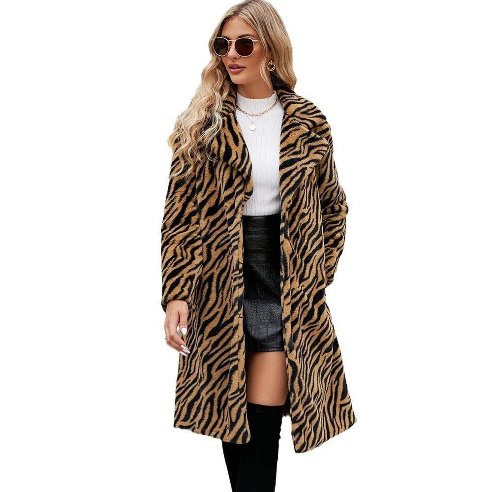 WW | Long Plush Coat with Zebra Pattern