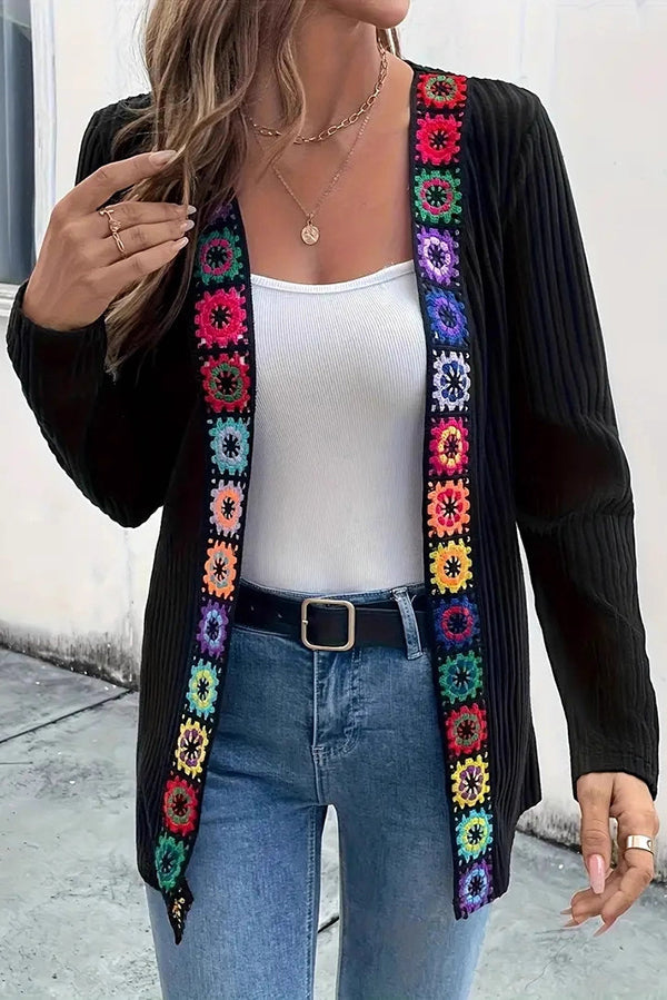 WW | Boho knit cardigan with floral trim and long sleeves