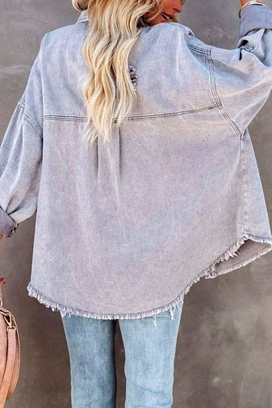 WW | Lapel Long Sleeve Ripped Denim Jacket