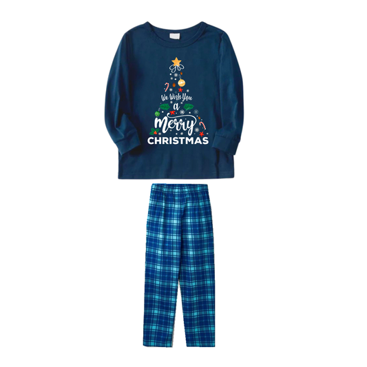 WW | "We wish you a Merry Christmas" printed blue long-sleeve top with blue and green plaid couple matching pajamas