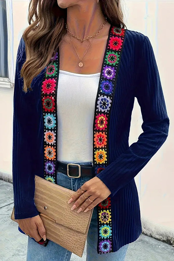 WW | Boho knit cardigan with floral trim and long sleeves
