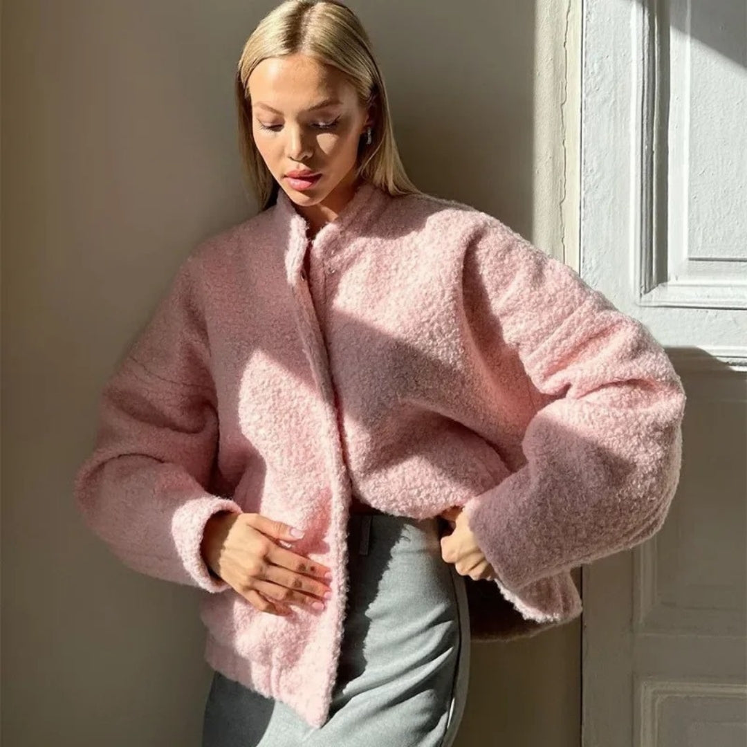 WW | Damen Boucle Teddy Bomber Jacke pink mit Reißverschluss