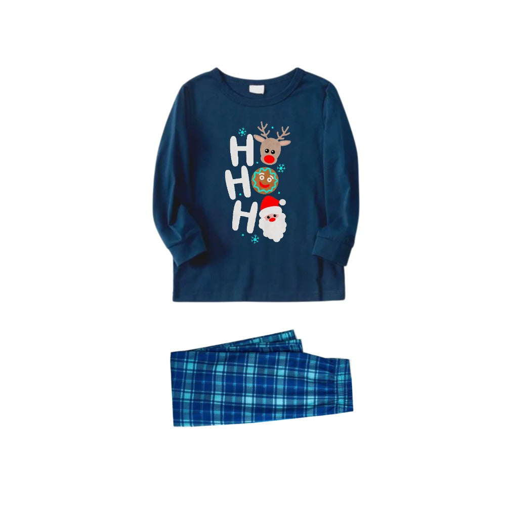 WW | Christmas Family Matching Pajamas - Navy & Sky Blue Plaid Pajama Set with Holiday HO HO HO Print