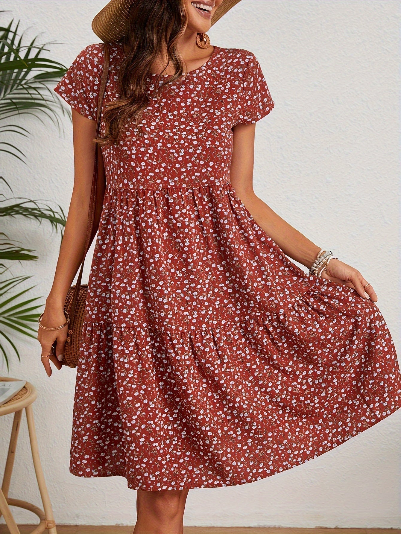 Callista - Floral Print Round Neck Dress