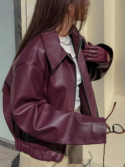 WW | Bordeaux red faux leather jacket with stylish lapel collar and zipper detail