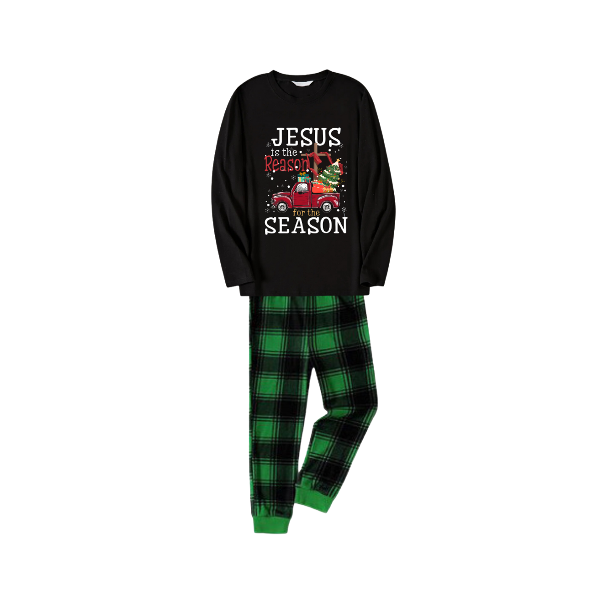 WW | Schwarzes Top und grüne Karottenhose Weihnachts-Pyjama-Set mit dem Textdruck "Jesus ist der Grund für die Saison"