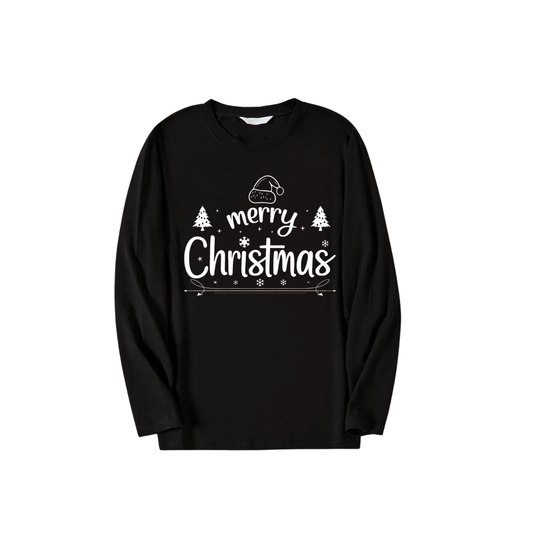 WW | "Merry Christmas" White Letter 2025 Black Long Sleeve Top with Black and Green Plaid Pants Family Matching Pajamas