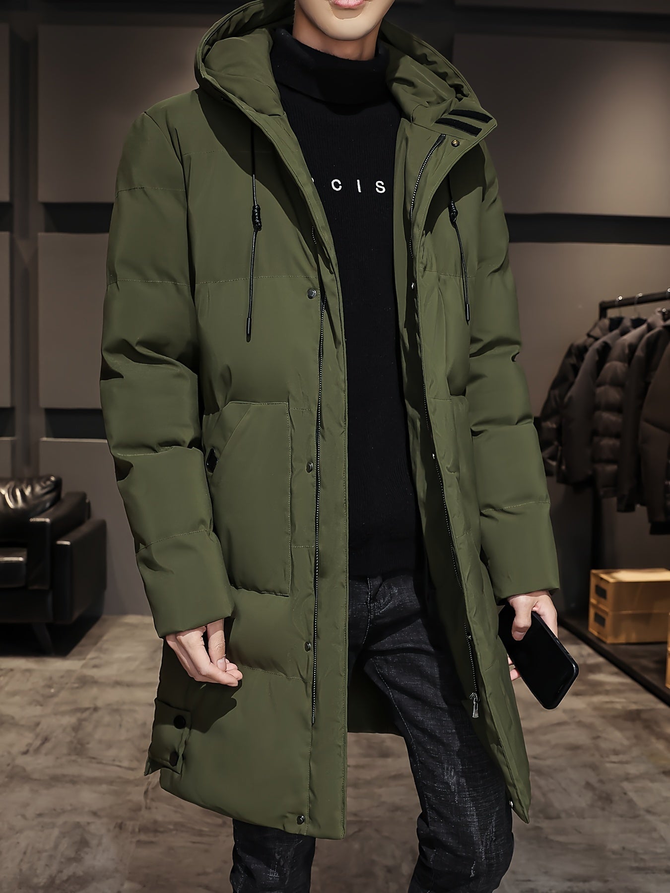 WW | Black Padded Long Hooded Cotton Winter Jacket for Men - Perfect for Outdoor Activities