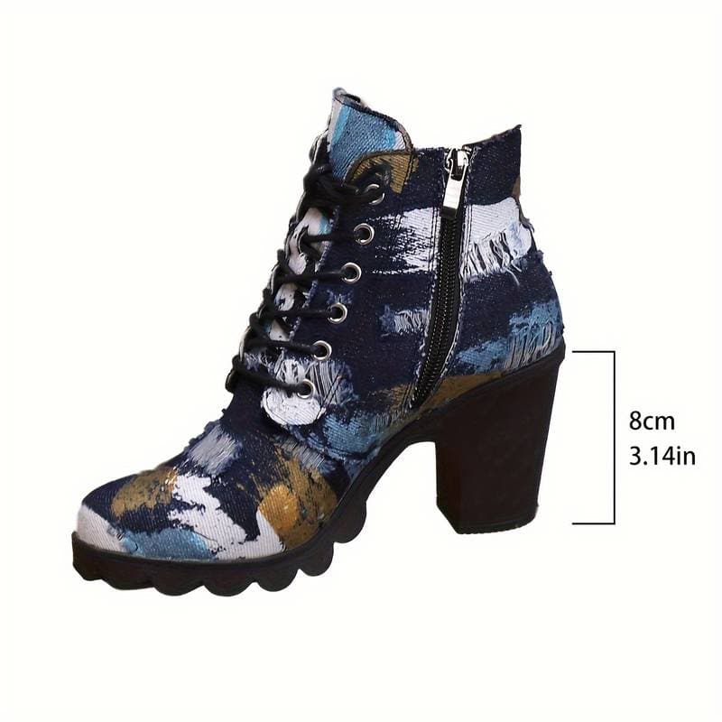 WW | Stiefeletten Gemustertes Textil Schnürung Blockabsatz Chunky Sohle