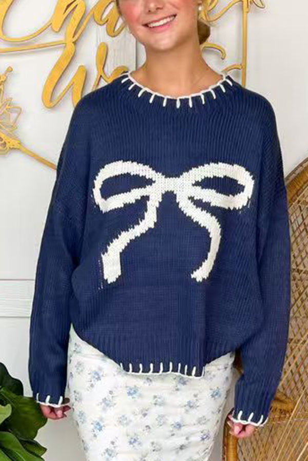 WW | Christmas Bow Contrast Color Inset Edge Long Sleeve Knitted Sweater