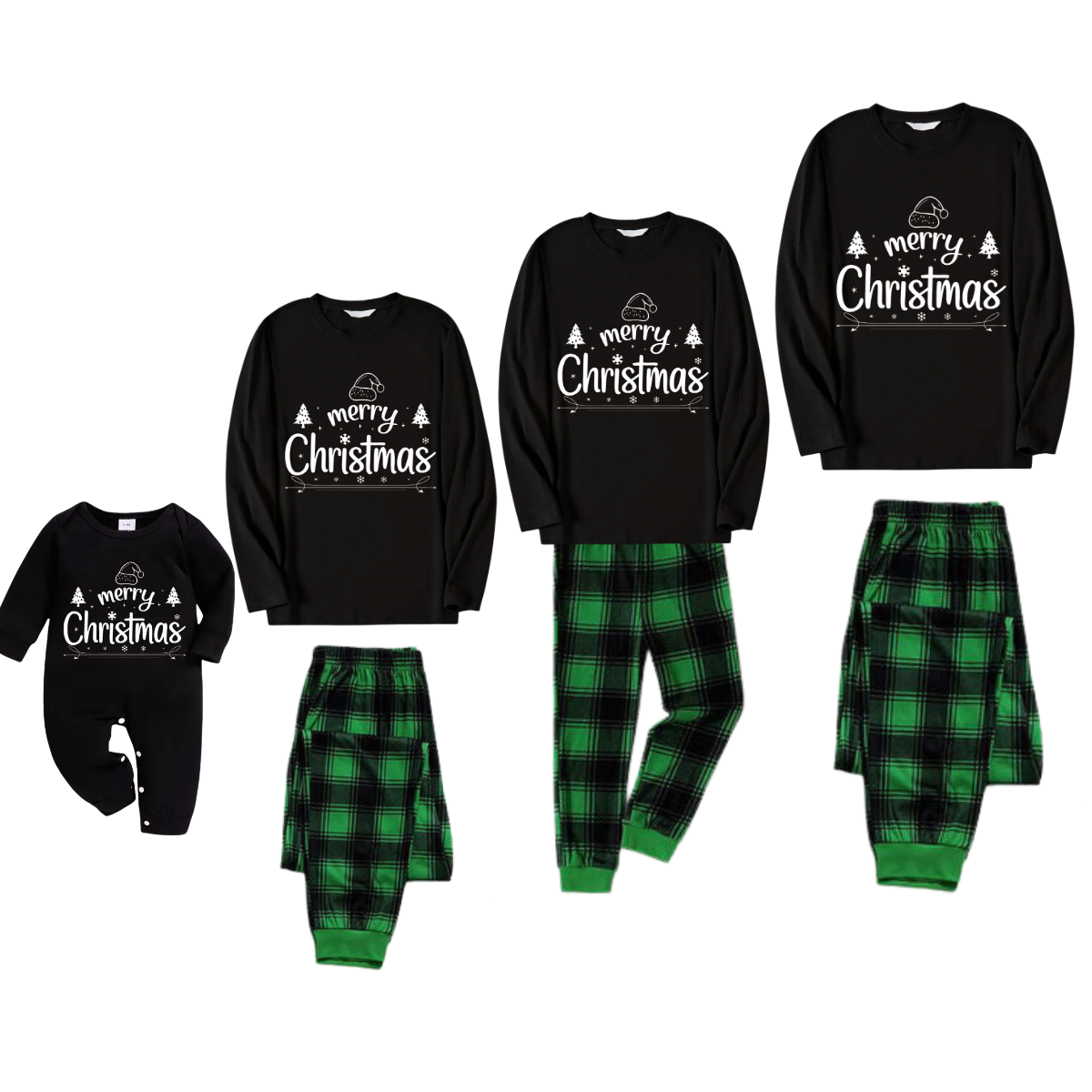 WW | "Frohe Weihnachten" Weiße Letter 2025 Schwarzes Langarmoberteil mit Schwarz- und Grün Karierten Hosen Familienpassende Pyjamas