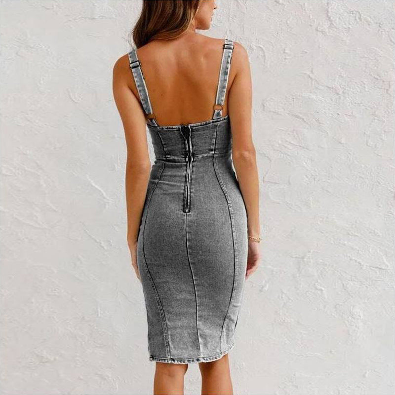 WW Strap Denim Dress with Scoop Neck - Summery, Casual, Slim-Fit Dress with Slit Design
