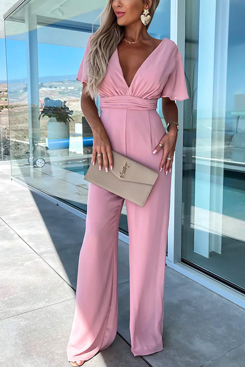 WW | Rosiedress Deep V-Neck Ruffle Sleeve High Waist Wide Leg Jumpsuit