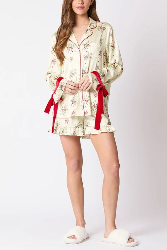 WW | Weihnachten Mode Gedruckte Fliege Oberteil und Elastischer Taillen Rüschenshorts Set