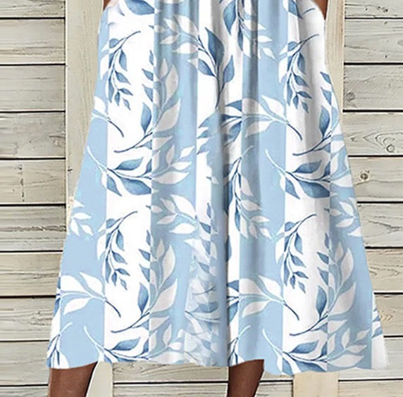 Unique midi dress with blue botanical pattern and jacket
