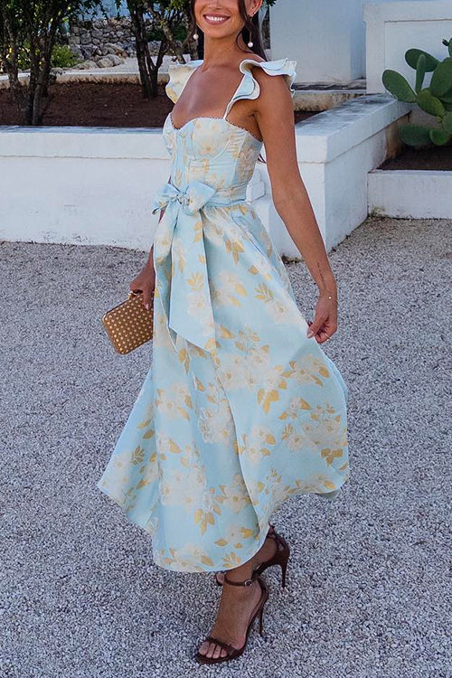 WW | Rosiedress Rüschenschulter Schleife Knoten Taille Schlitz Bedrucktes Vintage Party Kleid
