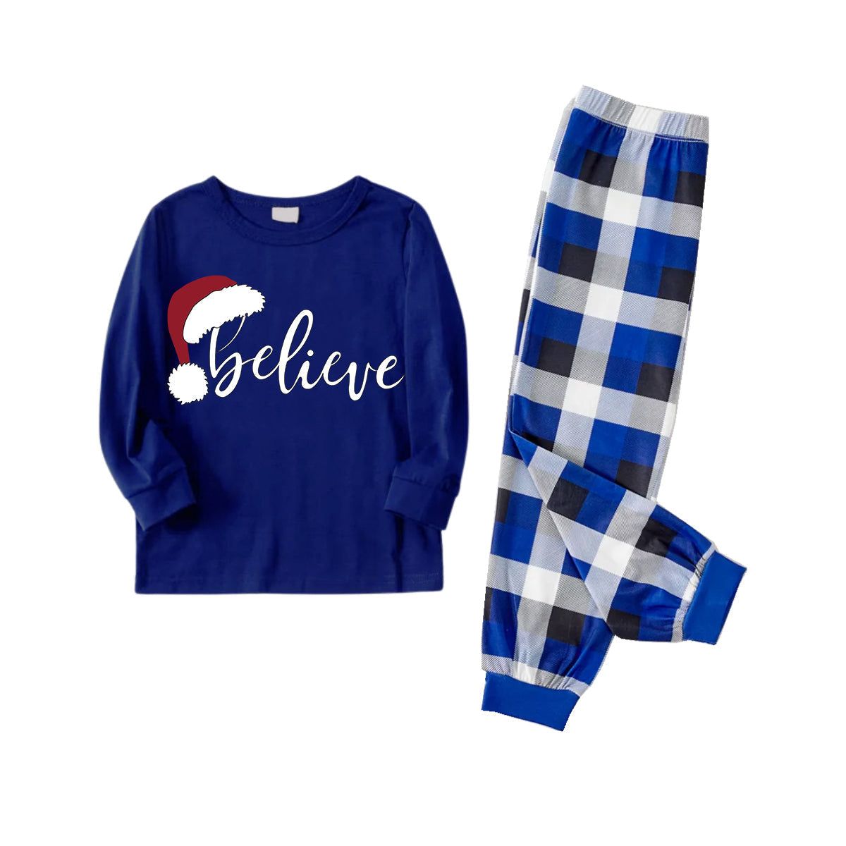 WW | Pair Of Blue Checked Pyjamas With "Believe" Text Print
