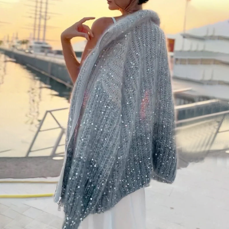 WW | Strickjacke mit Pailletten - Eleganter Glanz & Leichtes Gewebe - Einfarbig Cardigan für Alltag & besondere Anlässe