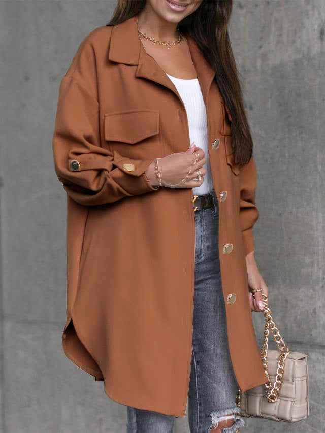 WW | Comfortable long shirt jacket with buttons, wool collar and lapels
