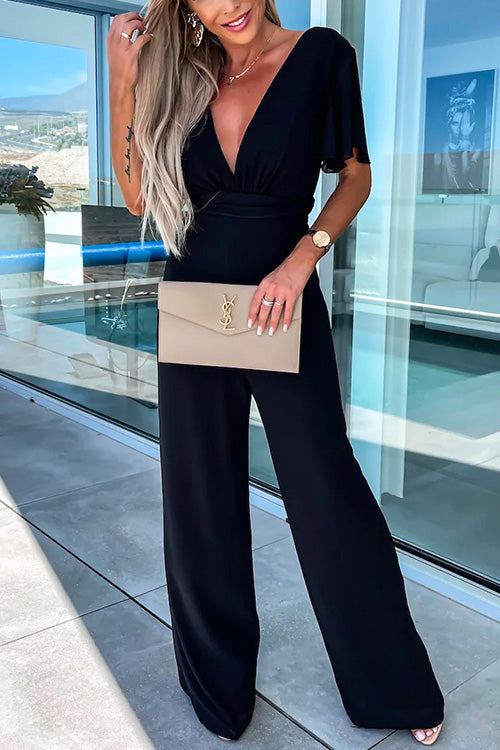 WW | Rosiedress Deep V-Neck Ruffle Sleeve High Waist Wide Leg Jumpsuit