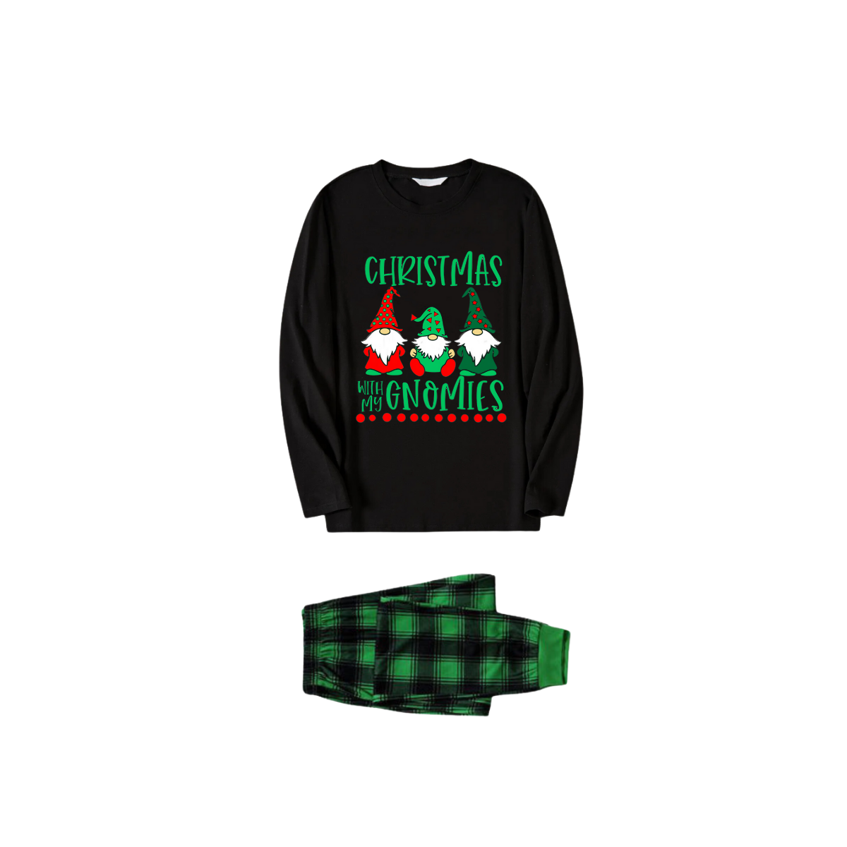WW | Black Top and Green Plaid Trousers Christmas Pyjama Set with "Christmas with my Gnomies" Text Print