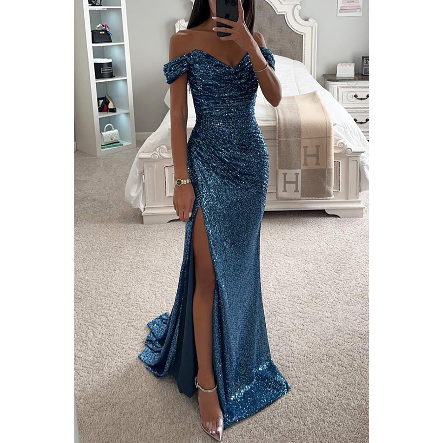 WW | Off-Shoulder Sequin Evening Dress Elegant Party Dress with Slit and Bodycon Fit for Festive Occasions