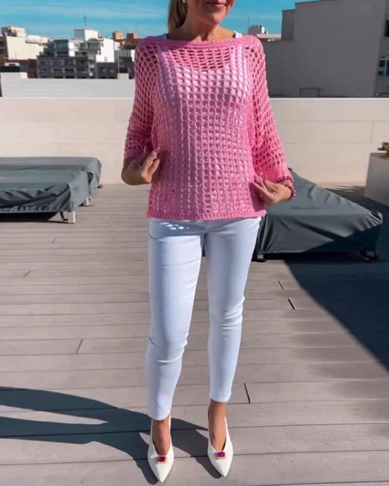 WW | Solid Color Top in Hollowed-Out Mesh Design