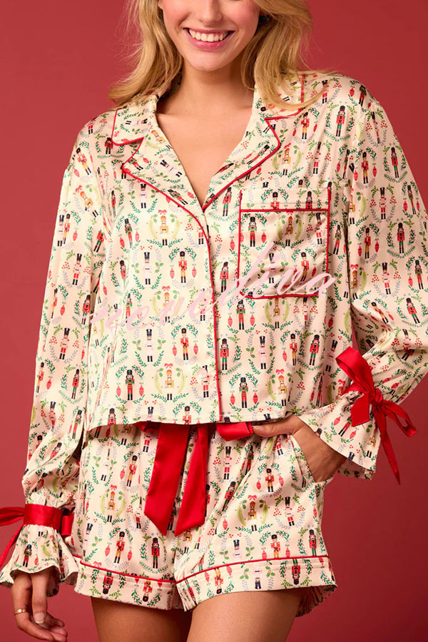 WW | Weihnachtsdruck Schnürung Bündchen Oberteil und elastischer Taillenbund Taschen Freizeit Shorts Set