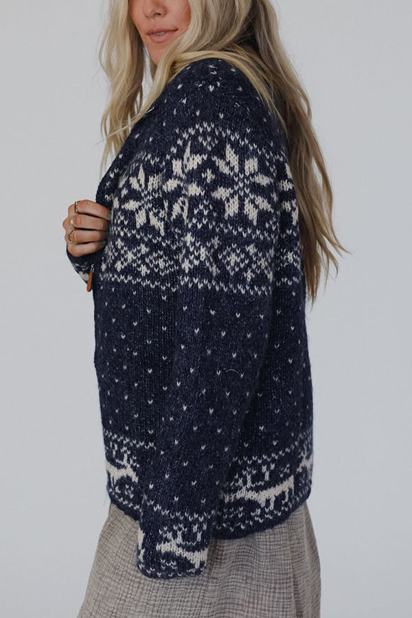 WW | Weihnachts-Schneeflocken-Elch-Reißverschluss Langarmpullover