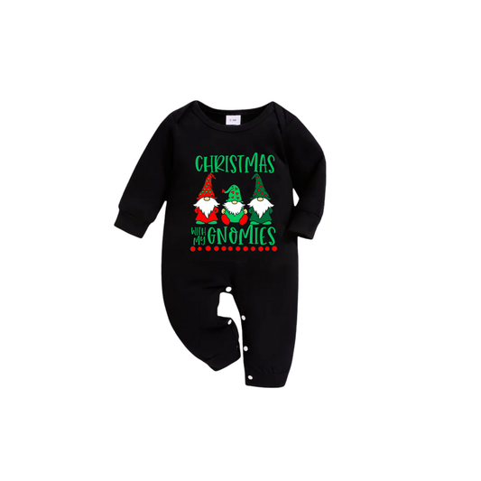WW | Black Top and Green Plaid Trousers Christmas Pyjama Set with "Christmas with my Gnomies" Text Print