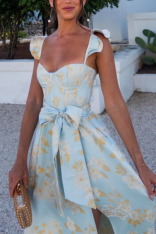 WW | Rosiedress Rüschenschulter Schleife Knoten Taille Schlitz Bedrucktes Vintage Party Kleid