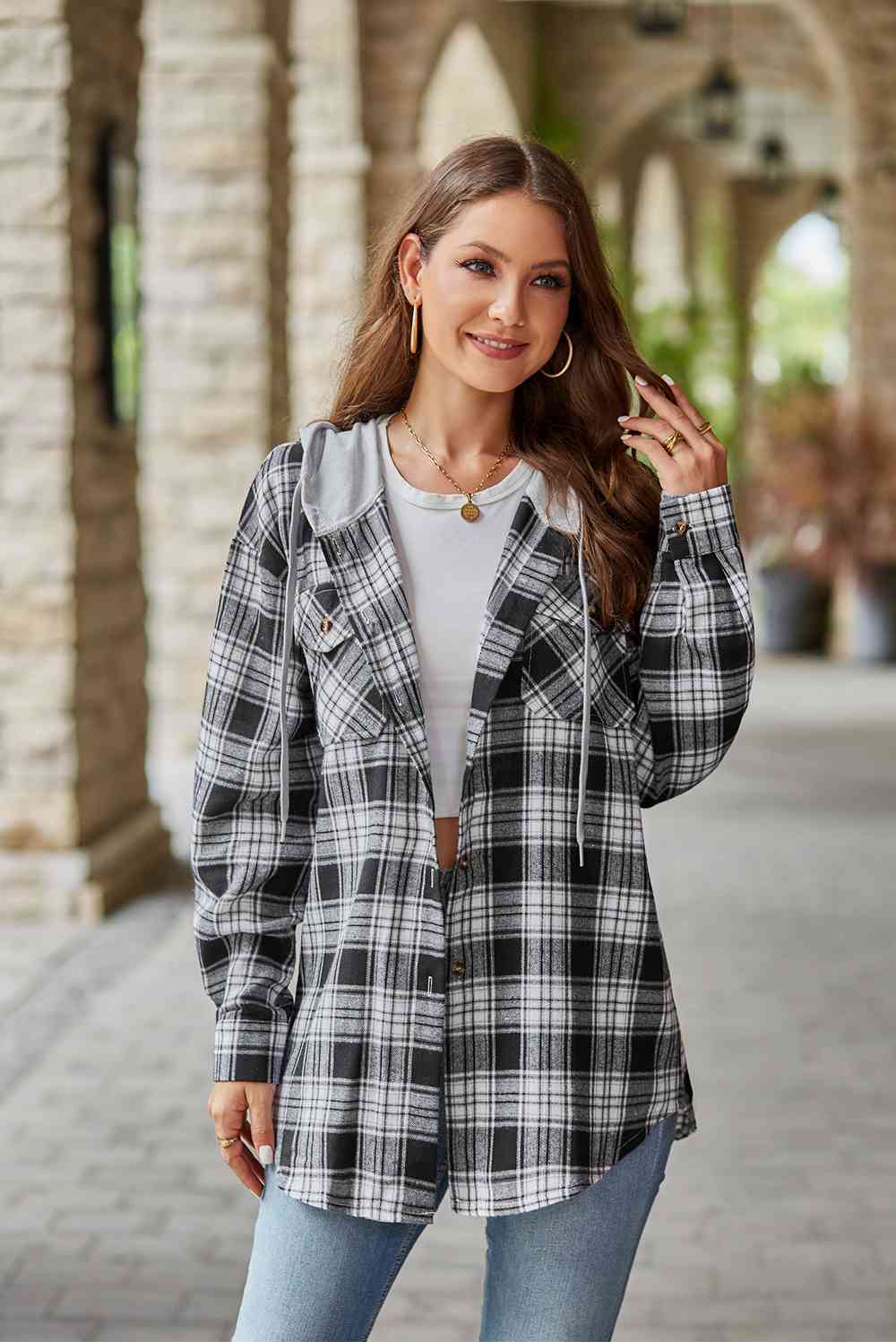 WW | Plaid Long-Sleeved Hooded Jacket