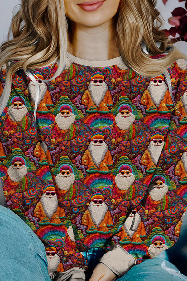 WW | Bedruckter Weihnachtskontrastfarbe Langarm-Pullover Sweatshirt