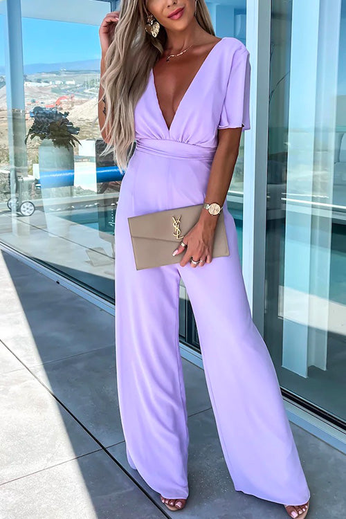 WW | Rosiedress Deep V-Neck Ruffle Sleeve High Waist Wide Leg Jumpsuit