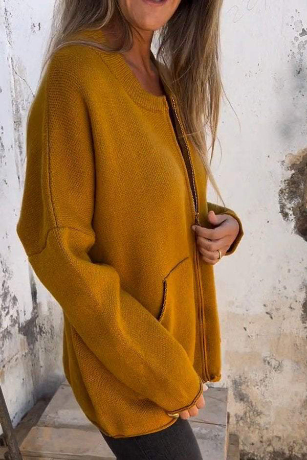 WW | Color Round Neck Long Sleeve Casual Zipper Pocket Cardigan