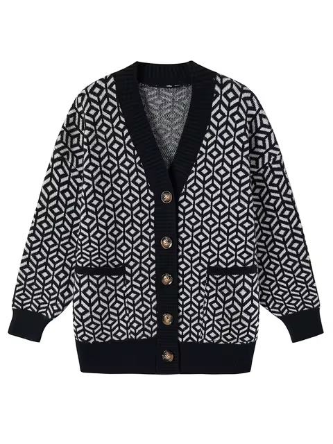 WW | Cozy knitted cardigan with geometric pattern and button placket