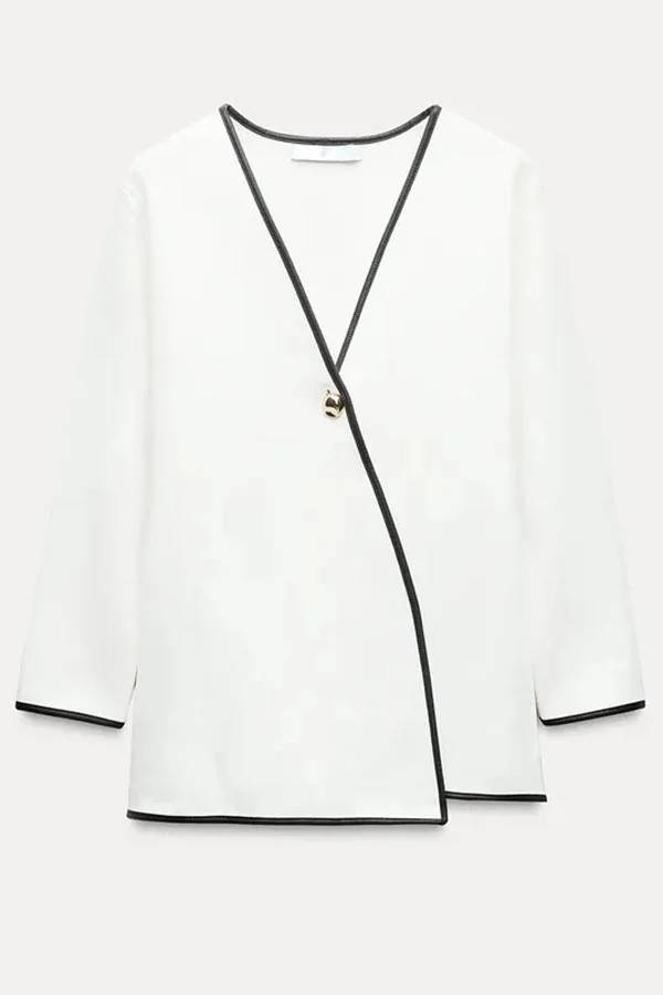 WW | Meine Chancen Kontrastbesatz Goldknopf Langarm Lockeres Jacket