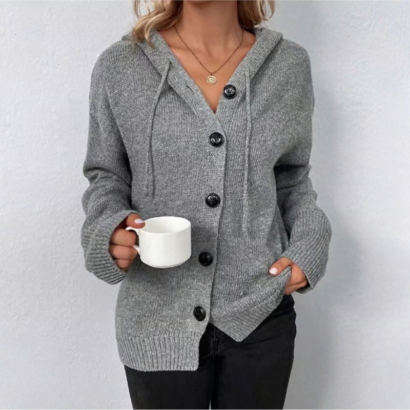 WW | Damen Cardigan Weicher Strick Oversized-Passform Knopfverschluss Kapuze Gerippter Saum