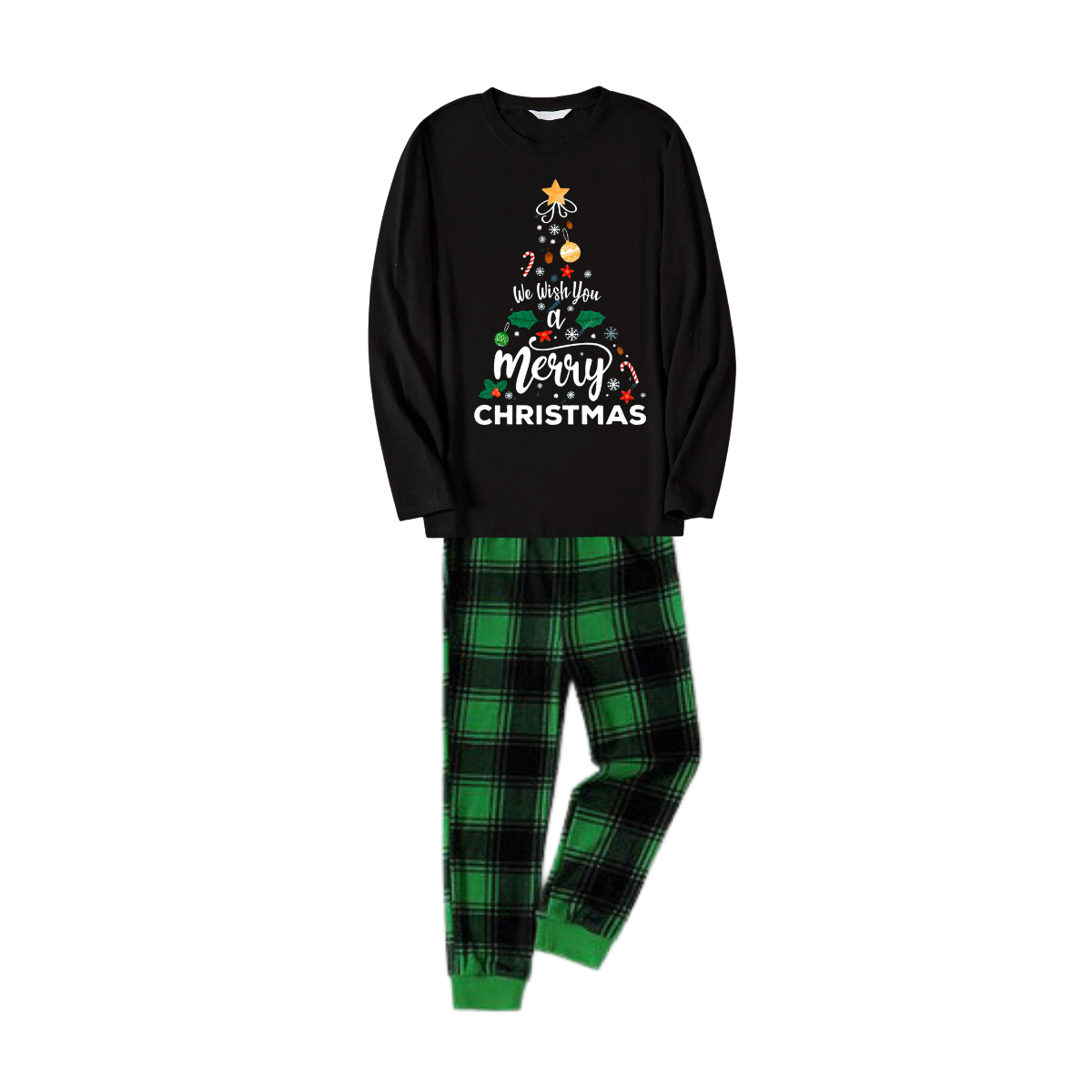 WW | "We wish you a Merry Christmas" Printed Pattern Black Long Sleeve Top with Black and Green Plaid Pants Family Matching Pajamas