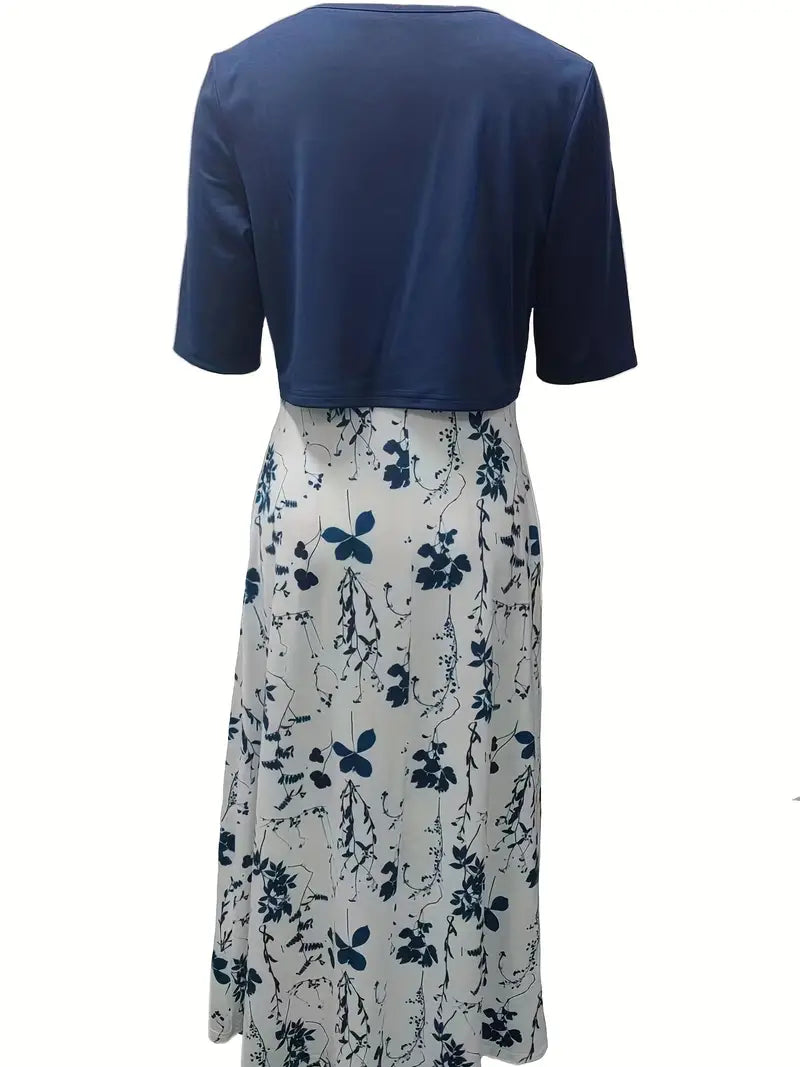 WW | Elegante Zweiteilige Blumenkleid-Set mit Einfarbigem Crop-Top und Rundhalskleid