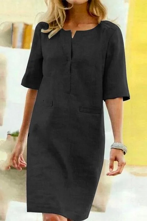 WW | Straight Cotton and Linen Dress with Short Sleeves
