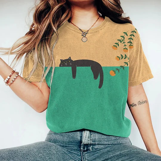 WW | Zweifarbige Katzen-Grafik-T-Shirt für Damen