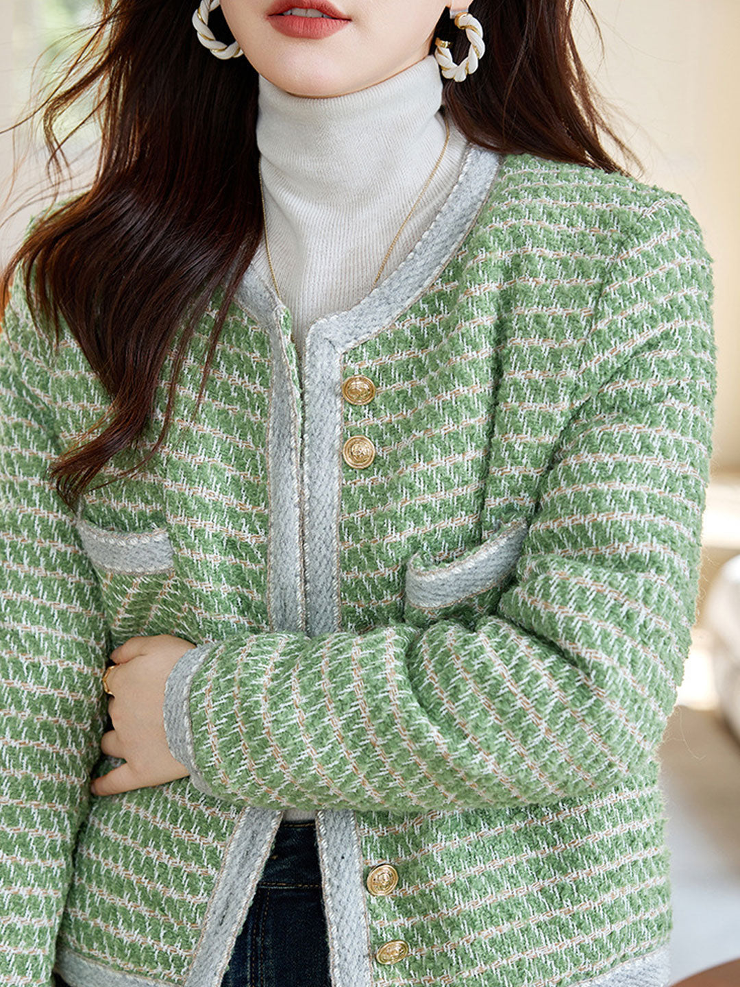 WW | Klassische Rundhalsgarnknopf-Tweedjacke