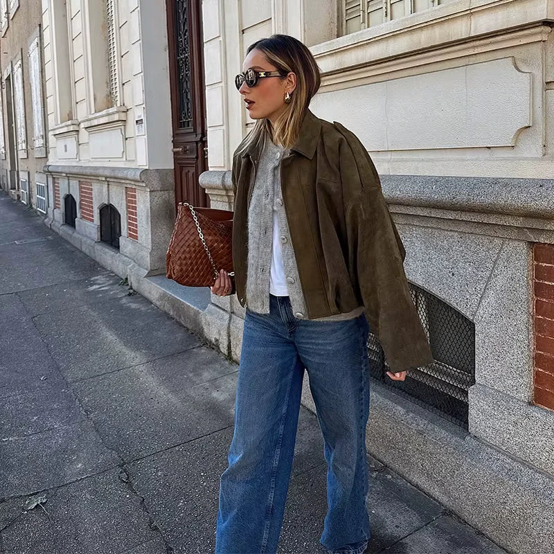 WW | Überdimensional Jacke - Weiche Wildlederoptik - Voll gefüttert - Khaki