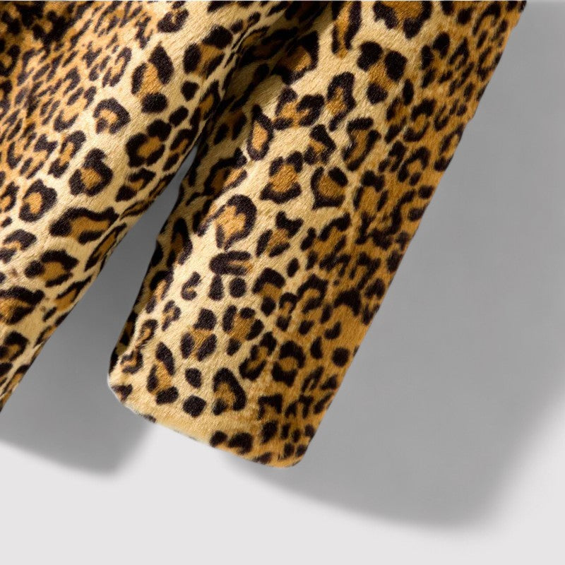 WW | Women's Classic Leopard Print Coat | Plush Faux Fur Overcoat | Mid-Length with Lapels